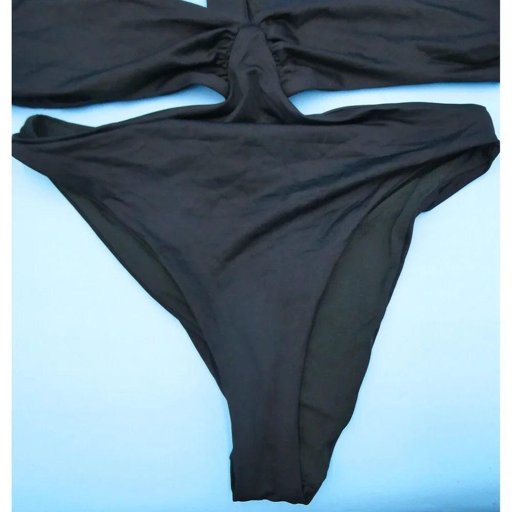 Agua Bendita Medium Black Smooth‎ One Piece Ruffle Swimsuit Cutout Strappy Beach